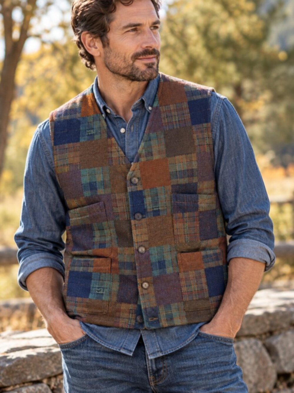 Vintage Eddie Bauer Wool Blend Patchwork Plaid Vest Men’s S Quilted Thinsulate